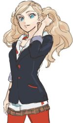 Rule 34 | 10s, 1girl, blonde hair, blue eyes, breasts, commentary request, earrings, hanakuso, jewelry, long hair, looking at viewer, pantyhose, persona, persona 5, red pantyhose, school uniform, shuujin academy school uniform, smile, solo, stud earrings, takamaki anne, twintails