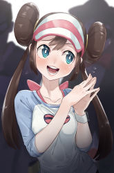 Rule 34 | 1girl, 2boys, :d, absurdres, aqua eyes, artist name, back bow, blue eyes, blush, bow, breasts, brown hair, collarbone, collector (pokemon), creatures (company), double bun, game freak, hair bun, hair tie, hands up, happy, highres, long hair, looking to the side, low twintails, multiple boys, nintendo, open mouth, own hands together, pantyhose, pink bow, pink headwear, poke ball symbol, poke ball theme, pokemon, pokemon bw2, pokemon masters ex, raglan sleeves, raised eyebrow, rosa (pokemon), shirt, signature, small breasts, smile, solo focus, standing, street thug (pokemon), sweat, taiga (ryukyu-6102-8), team break, teeth, twintails, upper body, visor cap, white shirt
