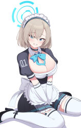 Rule 34 | 1girl, absurdres, alternate hair length, alternate hairstyle, asuna (blue archive), black choker, black dress, black footwear, blue archive, blue bow, blue bowtie, blue eyes, blue halo, blush, bow, bowtie, breasts, choker, cleavage, detached collar, dress, ecila (cookie0q0), frilled dress, frills, gloves, grin, hair over one eye, halo, highres, large breasts, light brown hair, looking at viewer, maid, maid headdress, mole, mole on breast, puffy short sleeves, puffy sleeves, shoes, short hair, short sleeves, simple background, sitting, smile, solo, thighhighs, wariza, white background, white gloves, white thighhighs