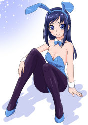 Rule 34 | 1girl, alternate costume, animal ears, black pantyhose, blue eyes, blue footwear, blue hair, blue leotard, bow, bowtie, breasts, collarbone, covered navel, dengeki gx, detached collar, dokidoki! precure, fake tail, gradient background, hair between eyes, high heels, highres, hishikawa rikka, leotard, looking at viewer, pantyhose, playboy bunny, precure, rabbit ears, rabbit tail, shadow, sitting, small breasts, smile, solo, strapless, strapless leotard, tail, traditional bowtie, white background, wrist cuffs