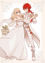 Rule 34 | 1boy, 1girl, bare shoulders, belt, blonde hair, blue eyes, boots, bouquet, braid, breasts, bridal veil, bride, cleavage, closed mouth, collar, collarbone, collared shirt, diluc (genshin impact), dress, flower, genshin impact, hair between eyes, hair ornament, hand on another&#039;s waist, highres, holding hands, jacket, jean (genshin impact), jewelry, large breasts, long hair, long sleeves, looking at another, necktie, pants, ponytail, red eyes, red hair, ring, rome romedo, shirt, sidelocks, simple background, smile, veil, vision (genshin impact), wedding dress, white dress, white flower, white jacket, white pants