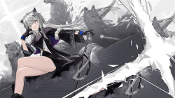 1girl absurdres animal animal_ears arknights black_coat black_dress black_gloves buttons chinese_commentary coat commentary crossed_legs dress fang_bai_doufu_wu gloves grey_eyes grey_hair hair_between_eyes hand_on_own_face highres lappland_(arknights) lappland_(refined_horrormare)_(arknights) long_hair long_sleeves looking_at_viewer official_alternate_costume open_clothes open_coat open_mouth scar scar_across_eye short_dress sitting smile solo sword torn_clothes torn_coat unbuttoned weapon wolf wolf_ears wolf_girl