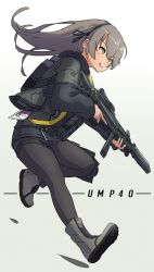 Rule 34 | 1girl, :q, black jacket, black pantyhose, black shorts, black skirt, boots, character name, closed mouth, commentary request, floating hair, full body, girls&#039; frontline, gradient background, grey background, grey footwear, grey hair, gun, h&amp;k ump, h&amp;k ump, hair between eyes, highres, holding, holding gun, holding weapon, jacket, kuro kosyou, long hair, long sleeves, looking away, name connection, object namesake, pantyhose, running, shoe soles, shorts, skirt, smile, solo, tongue, tongue out, trigger discipline, ump40 (girls&#039; frontline), weapon, white background, yellow eyes