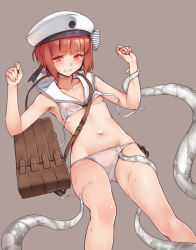 Rule 34 | 10s, 1girl, abyssal ship, beret, bikini, blunt bangs, blush, breasts, collarbone, enemy naval mine (kancolle), hat, highres, hsuliherng, kantai collection, navel, red eyes, red hair, sailor bikini, sailor collar, sailor hat, sidelocks, simple background, small breasts, solo, swimsuit, tears, tentacles, underboob, untied bikini, wet, white bikini, white hat, z3 max schultz (kancolle)