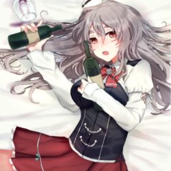 Rule 34 | 1girl, bodice, bottle, brown eyes, commentary request, cowboy shot, folte, frilled skirt, frills, grey hair, hat, holding, holding bottle, kantai collection, looking at viewer, lying, mini hat, miniskirt, pola (kancolle), red neckwear, red skirt, shirt, skirt, solo, thick eyebrows, tilted headwear, wavy hair, white shirt, wine bottle