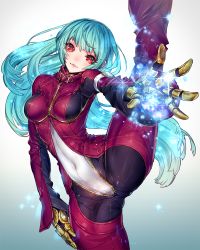 Rule 34 | 1girl, arm garter, blue hair, blush, bodysuit, breasts, chaps, commentary request, covered navel, foreshortening, gauntlets, head tilt, kula diamond, long hair, looking at viewer, medium breasts, oro (sumakaita), parted lips, red eyes, smile, solo, sparkle, spread legs, standing, standing on one leg, the king of fighters, the king of fighters xiv, very long hair