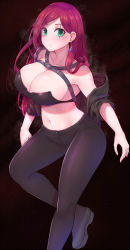 Rule 34 | 1girl, bare shoulders, black background, black footwear, black jacket, black pants, breasts, cleavage, closed mouth, collarbone, crop top, earrings, foot out of frame, green eyes, highres, jacket, jewelry, katarina (league of legends), large breasts, league of legends, long hair, looking at viewer, navel, pants, parted bangs, popoman, red background, red hair, scar, scar across eye, scar on face, solo, stomach