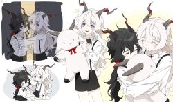 Rule 34 | 2boys, aged down, angry, animal ears, arknights, black hair, black shorts, chibi, closed eyes, closed mouth, colored eyelashes, ebenholz (arknights), feet out of frame, full body, goat boy, goat ears, goat horns, happy, headpat, highres, holding, holding stuffed toy, horns, hug, hugging own legs, kreide (arknights), long hair, looking at viewer, multiple boys, multiple views, open mouth, purple eyes, rio (rio773), shirt, shorts, simple background, smile, socks, stuffed goat, stuffed toy, suspender shorts, suspenders, twitter username, upper body, white background, white hair, white shirt, white socks