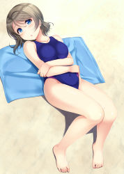Rule 34 | 1girl, absurdres, barefoot, blue eyes, blue one-piece swimsuit, blue towel, competition swimsuit, covered navel, crossed arms, feet, full body, grey hair, highres, hino minato (spec.c), looking at viewer, love live!, love live! sunshine!!, lying, one-piece swimsuit, sand, short hair, solo, swimsuit, towel, watanabe you