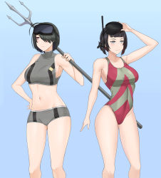 Rule 34 | artist request, azuran, black hair, brown eyes, goggles, goggles on head, grey eyes, impossible clothes, impossible swimsuit, looking away, mabel drake, marina wulfstan, midriff, muscular, one-piece swimsuit, over shoulder, polearm, sega, senjou no valkyria, senjou no valkyria (series), senjou no valkyria 1, senjou no valkyria 4, short hair, simple background, snorkel, swimsuit, thighs, trident, two piece, weapon, weapon over shoulder