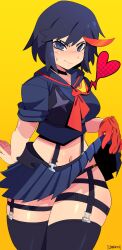 Rule 34 | 1girl, absurdres, black choker, choker, clothes lift, garter straps, gloves, heart, highres, jiansketch, kill la kill, lifted by self, living clothes, matoi ryuuko, midriff, multicolored hair, navel, red gloves, senketsu, short hair, skirt, skirt lift, solo, standing, streaked hair, suspenders, thick thighs, thighhighs, thighs, two-tone hair, yellow background