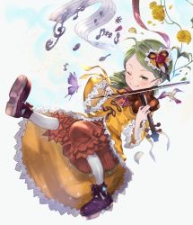 Rule 34 | &gt;;), 1girl, ahoge, blush, bow (music), brown footwear, bug, butterfly, closed mouth, commentary, dress, drill hair, flower, full body, green eyes, green hair, hair ornament, highres, holding, holding instrument, holding violin, insect, instrument, kanaria, long hair, momomo (user xnfy4284), music, musical note, orange pants, pants, petals, platform footwear, playing instrument, quaver, red flower, red rose, rose, rozen maiden, sharp sign, shoes, solo, swept bangs, treble clef, twin drills, v-shaped eyebrows, violin, yellow dress, yellow flower, yellow rose