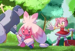 Rule 34 | amy rose, creatures (company), furry, furry female, game freak, gloves, grass, green eyes, hammer, highres, holding, holding hammer, holding weapon, lunaerim, nintendo, no humans, open mouth, outdoors, pink theme, pokemon, sonic (series), tinkaton, toy hammer, trait connection, tree, war hammer, weapon, weapon connection, white gloves