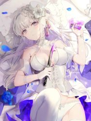 Rule 34 | 1girl, blue flower, blue rose, blush, breasts, crying, crying with eyes open, dagger, flower, gloves, hair ornament, highres, holding, holding weapon, knife, lingerie, long hair, looking at viewer, lying, medium breasts, on back, original, panties, petals, pillow, purple eyes, rose, silver hair, solo, tears, thighhighs, underwear, weapon, white panties, white thighhighs, yukisame