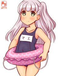 Rule 34 | 1girl, artist logo, blue one-piece swimsuit, blunt bangs, commentary request, covered navel, cowboy shot, dated, eyebrows hidden by hair, flat chest, green eyes, innertube, kanon (kurogane knights), kantai collection, light purple hair, long hair, maestrale (kancolle), name connection, old school swimsuit, one-hour drawing challenge, one-piece swimsuit, one-piece tan, one side up, polka dot innertube, school swimsuit, simple background, solo, swim ring, swimsuit, tan, tanline, white background