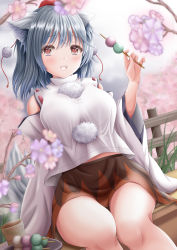 Rule 34 | 1girl, akino irori, animal ears, arm support, arm up, blurry, blurry background, blurry foreground, blush, branch, breasts, brown skirt, cherry blossoms, commentary, dango, day, detached sleeves, dutch angle, feet out of frame, fence, food, grass, hanami, hat, highres, holding, holding skewer, inubashiri momiji, large breasts, looking at viewer, miniskirt, open mouth, outdoors, plate, pom pom (clothes), red eyes, red hat, red skirt, sanshoku dango, shirt, short hair, silver hair, sitting, skewer, skirt, solo, tail, teeth, tokin hat, touhou, two-tone skirt, upper teeth only, wagashi, white shirt, wolf ears, wolf tail, wooden fence