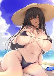 Rule 34 | 1girl, absurdres, bare arms, bare shoulders, beach, beach towel, bikini, black bikini, black hair, blue sky, bow, breasts, covered erect nipples, day, hair bow, hat, highres, horizon, huge breasts, light smile, looking at viewer, lotion, lotion bottle, mole, mole under mouth, navel, ocean, original, outdoors, parted lips, red eyes, sitting, sky, solo, straw hat, string bikini, summer, swimsuit, towel, yuu sagi