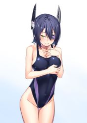 Rule 34 | 10s, 1girl, blush, breasts, competition swimsuit, embarrassed, eyepatch, h kasei, headgear, highres, kantai collection, large breasts, looking at viewer, one-piece swimsuit, purple hair, short hair, smile, solo, swimsuit, tenryuu (kancolle), thigh gap, yellow eyes