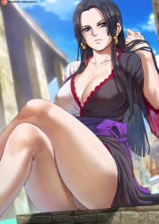 Rule 34 | 1girl, black hair, blue eyes, boa hancock, breasts, cleavage, commentary, crossed legs, highres, large breasts, long hair, one piece, one piece: stampede, shexyo, sitting, solo, thighs