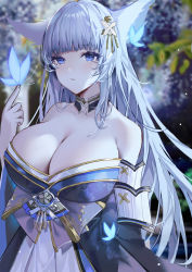 Rule 34 | 1girl, absurdres, animal ears, azur lane, bare shoulders, blue eyes, blurry, blurry background, blush, breasts, cleavage, fox ears, highres, large breasts, long hair, looking at viewer, mole, mole under eye, shinano (azur lane), white hair, xiongshouji