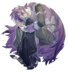 Rule 34 | 1boy, black pants, closed eyes, fengxi (the legend of luoxiaohei), gihuta hiroshi, knees up, long hair, long sleeves, pants, pointy ears, purple hair, simple background, solo, luo xiaohei zhanji, very long hair, white background
