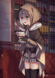Rule 34 | 1girl, absurdres, bad id, bad pixiv id, black gloves, black thighhighs, blush, book, cape, cloak, commentary request, couch, fate/grand order, fate (series), fur trim, gift, gloves, gray (fate), green eyes, grey hair, hair between eyes, highres, holding, holding gift, hood, hood up, jmao, long hair, long sleeves, looking at viewer, lord el-melloi ii case files, short hair, skirt, solo, thighhighs