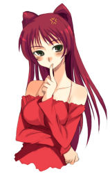 Rule 34 | 00s, 1girl, anger vein, bare shoulders, blush, breasts, brown eyes, collarbone, female focus, finger to mouth, hand up, impossible clothes, impossible shirt, kousaka tamaki, kusanagi tonbo, long hair, long sleeves, looking at viewer, red hair, red shirt, shirt, simple background, solo, to heart (series), to heart 2, upper body, white background