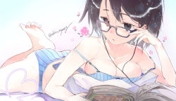 Rule 34 | 1girl, adjusting eyewear, bad id, bad pixiv id, bare shoulders, barefoot, black eyes, black hair, blue bra, blue panties, book, bow, bow bra, bra, breasts, cable, cleavage, collarbone, colored eyelashes, earphones, feet, flower, glasses, gradient background, hair between eyes, heart, holding, holding book, legs up, looking at viewer, lying, macciatto (aciel02), on stomach, open book, open clothes, original, panties, pillow, short hair, signature, soles, solo, strap slip, the pose, toes, twitter username, underwear, underwear only