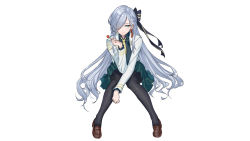 Rule 34 | 1girl, absurdres, alternate costume, black pantyhose, blue eyes, genshin impact, hair over one eye, highres, long hair, pantyhose, shenhe (genshin impact), simple background, solo, srpzk, white background, white hair