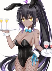 Rule 34 | 1girl, animal ears, bad id, bad pixiv id, bare shoulders, black hair, black hairband, black leotard, blue archive, blue bow, blue bowtie, bow, bowtie, breasts, brown eyes, cleavage, cocktail glass, collar, collarbone, commentary request, cowboy shot, cup, dark-skinned female, dark skin, detached collar, drinking glass, fake animal ears, fishnet pantyhose, fishnets, hair between eyes, hairband, halo, highres, holding, holding tray, karin (blue archive), karin (bunny) (blue archive), leotard, long hair, looking at viewer, medium breasts, number tattoo, pantyhose, parted lips, playboy bunny, ponytail, purple hair, rabbit ears, rabbit tail, shikito (yawa0w0), shoulder tattoo, simple background, solo, strapless, strapless leotard, tail, tan, tanline, tattoo, traditional bowtie, tray, very long hair, white background, white collar, wide hips, wing collar
