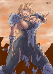 Rule 34 | 1girl, armor, blonde hair, breasts, curvy, injury, janne d&#039;arc, large breasts, long hair, nipple slip, nipples, open mouth, papepox2, smile, snk, thighhighs, thighs, torn clothes, world heroes