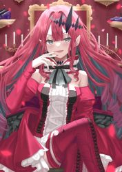 Rule 34 | 1girl, ascot, bad id, bad twitter id, baobhan sith (fate), baobhan sith (first ascension) (fate), bare shoulders, black ribbon, blush, breasts, candlestand, center frills, commentary request, crossed legs, detached collar, detached sleeves, dress, fang, fate/grand order, fate (series), finger to mouth, fingernails, frilled skirt, frills, grey ascot, grey eyes, hair between eyes, hair intakes, hair ornament, highres, indoors, kazama (akki12), lips, long hair, looking at viewer, nail polish, neck ribbon, open mouth, pale skin, petals, pink lips, pointy ears, red dress, red hair, red nails, red sleeves, red thighhighs, ribbon, shoes, sidelocks, sitting, skirt, small breasts, smile, solo, strapless, strapless dress, thighhighs, tiara, tongue, unworn shoes