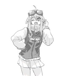 Rule 34 | 1girl, ahoge, animal print, commentary, contrapposto, cowboy shot, goggles, goggles on head, greyscale, gumi, hair between eyes, hand on own hip, hand up, high collar, highres, jacket, long sleeves, looking at viewer, miaolizi, monochrome, one eye closed, open mouth, playing with own hair, pleated skirt, short hair with long locks, sidelocks, simple background, skirt, smile, solo, teeth, tiger print, upper teeth only, vocaloid, white background, zipper