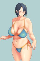 Rule 34 | 1girl, alternate costume, bikini, black hair, blue background, breasts, image sample, kantai collection, large breasts, red eyes, short hair, solo, sowitchraw (cellphiena), swimsuit, takao (kancolle), twitter sample
