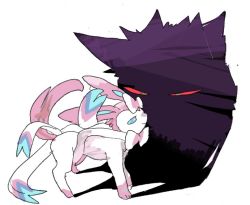 Rule 34 | apios, bad id, bad pixiv id, blue eyes, bow, colored sclera, creatures (company), from side, full body, game freak, gen 1 pokemon, gen 6 pokemon, gengar, ghost, looking at another, nintendo, no humans, no pupils, pokemon, pokemon (creature), red sclera, shadow, simple background, smile, sylveon, tail, white background, yellow eyes