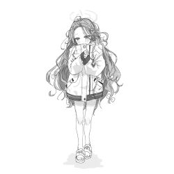 Rule 34 | 1girl, absurdres, blue archive, blush, bow, braid, closed mouth, coat, forehead, full body, greyscale, hair bow, halo, handheld game console, highres, long hair, long sleeves, monochrome, nintendo switch, nrnroooo, sandals, shoes, simple background, sketch, solo, standing, very long hair, yuzu (blue archive)