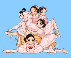 Rule 34 | 5girls, animification, ballet slippers, blue background, blue eyes, blush, brown footwear, camisole, closed eyes, collared shirt, double bun, expressionless, feel my rhythm (red velvet), guriming, hair behind ear, hair bun, hairband, hand on own head, highres, irene (red velvet), joy (red velvet), k-pop, looking at viewer, looking down, looking to the side, multiple girls, pink camisole, pink hairband, pink shirt, pink skirt, pink thighhighs, real life, red velvet (group), seulgi (red velvet), shirt, skirt, split, thighhighs, tiara, wendy (red velvet), yeri (red velvet)