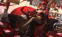 Rule 34 | 1girl, animal, aura, bare shoulders, bell, black footwear, black kimono, black pantyhose, breasts, bridal gauntlets, brown hair, cleavage, closed mouth, collarbone, day, dutch angle, earrings, fire, flower, hair flower, hair ornament, high heels, highres, holding, holding smoking pipe, japanese clothes, jewelry, jingle bell, kimono, lantern, large breasts, legs, long hair, long sleeves, mature female, mole, mole under eye, multicolored hair, nail polish, necklace, ofuda, original, pantyhose, paper lantern, patent heels, petting, red eyes, red flower, red nails, shoes, sitting, skeleton, smile, smoke, smoking pipe, solo, stiletto heels, streaked hair, taichi (yirkorn), very long hair, white hair, wide sleeves