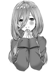 Rule 34 | 1girl, blush, commentary request, go-toubun no hanayome, greyscale, hair between eyes, long hair, looking at viewer, monochrome, nakano miku, own hands together, pajamas, simple background, sleepwear, smile, upper body, white background, yu (flowerbird3830)
