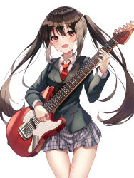 Rule 34 | 1girl, :d, ?, absurdres, bad id, bad pixiv id, black jacket, blazer, blush, brown eyes, brown hair, collared shirt, commentary request, cowboy shot, electric guitar, fang, grey skirt, guitar, highres, instrument, jacket, k-on!, kerno, long hair, long sleeves, looking at viewer, miniskirt, music, nakano azusa, necktie, open mouth, plaid, plaid skirt, playing instrument, pleated skirt, red necktie, school uniform, shirt, sidelocks, simple background, skin fang, skirt, smile, solo, twintails, very long hair, white background, white shirt