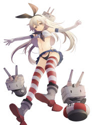Rule 34 | 10s, 1girl, :3, black panties, blonde hair, blush, boots, breasts, brown eyes, elbow gloves, floating, from below, gloves, grey footwear, hairband, harano, highleg, highleg panties, highres, kantai collection, lifebuoy, long hair, looking at viewer, navel, open mouth, outstretched arms, panties, pantyshot, personification, rensouhou-chan, shimakaze (kancolle), skirt, small breasts, solo, spread arms, striped clothes, striped thighhighs, swim ring, thighhighs, turret, underboob, underwear, upskirt, white gloves