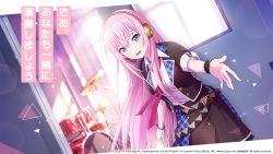 Rule 34 | 1girl, belt, black jacket, black skirt, blue eyes, collared shirt, commentary, drum, headset, instrument, jacket, jewelry, leo/need luka, long hair, megurine luka, necklace, necktie, official art, open clothes, open jacket, open mouth, piapro, pink hair, pink necktie, pov, project sekai, reaching, reaching towards viewer, shirt, short sleeves, skirt, smile, solo, translated, vocaloid, white shirt