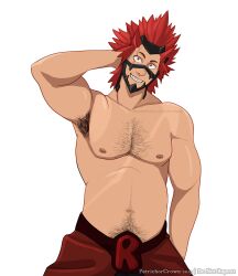 Rule 34 | 1boy, aged up, alternate muscle size, armpit hair, armpits, bara, belly, boku no hero academia, cowboy shot, hand in own hair, kirishima eijirou, large pectorals, looking at viewer, male focus, mature male, muscular, muscular male, navel, navel hair, nipples, pectorals, petrichorcrown, red eyes, red hair, short hair, smile, solo, spiked hair, stomach, topless male