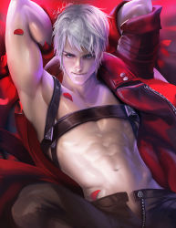Rule 34 | 1boy, armpits, arms behind head, blue eyes, coat, dante (devil may cry), devil may cry (series), highres, looking at viewer, male focus, navel, open clothes, open coat, petals, red coat, red theme, sakimichan, short hair, single bare shoulder, smile, solo, unzipped, upper body