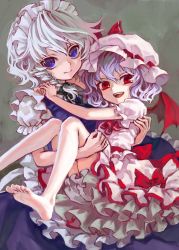 Rule 34 | 2girls, acrylic paint (medium), ama-tou, barefoot, bat wings, blue eyes, braid, carrying, faux traditional media, feet, female focus, frills, gathers, hat, highres, izayoi sakuya, light purple hair, looking at viewer, maid, maid headdress, multiple girls, open mouth, painting (medium), princess carry, red eyes, remilia scarlet, short hair, silver hair, smile, soles, toes, touhou, traditional media, twin braids, wings
