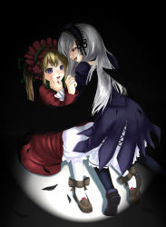 Rule 34 | 00s, 2girls, ankle ribbon, between legs, black wings, blonde hair, bonnet, chiko (kanhogo), darkness, dress, feathers, full body, hairband, hand on another&#039;s face, leg ribbon, multiple girls, pantyhose, red dress, ribbon, rozen maiden, shinku, shoes, silver hair, sitting, suigintou, wings, you gonna get raped, yuri