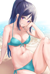 Rule 34 | 1girl, absurdres, beach, bikini, blue bikini, blue hair, breasts, cleavage, collarbone, day, elbow on knee, elbow rest, halterneck, head on hand, head rest, highres, knee up, large breasts, long hair, looking at viewer, love live!, love live! sunshine!!, matsuura kanan, navel, ponytail, purple eyes, rama (yu-light8), sand, side-tie bikini bottom, sitting, smile, solo, sunlight, swimsuit, teeth, thighs, water, wet, wet clothes, wet hair, wet swimsuit