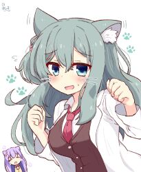 Rule 34 | 2girls, animal ear fluff, animal ears, aqua eyes, aqua hair, blush, bow, bowtie, breasts, cat ears, chibi, closed eyes, commentary request, drawn whiskers, hair between eyes, hakutocake, hands up, highres, ise kotori, lab coat, large breasts, light purple hair, long hair, looking at viewer, motion lines, multiple girls, necktie, open mouth, paw pose, paw print, paw print background, red bow, red bowtie, red necktie, riddle joker, school uniform, shikibe mayu, shirt, signature, simple background, smile, sweatdrop, upper body, wavy hair, white background, white shirt, yuzu-soft