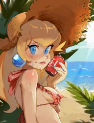 Rule 34 | 1girl, arm at side, bare arms, bare shoulders, bikini, blonde hair, blue eyes, blue nails, breasts, can, can to cheek, closed mouth, day, drink can, earrings, fingernails, frilled bikini, frills, from side, halterneck, hat, holding, holding can, jewelry, light smile, lips, long hair, looking at viewer, mario (series), medium breasts, nail polish, nintendo, ocean, outdoors, pink bikini, princess peach, sideboob, sidelocks, signature, soda can, solo, straw hat, summer, sun, sweat, swimsuit, upper body, water, zambiie