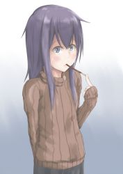 Rule 34 | 1girl, akatsuki (kancolle), alternate costume, black skirt, blush, brown sweater, commentary request, food, food in mouth, gradient background, grey background, hair between eyes, joji, kantai collection, long hair, long sleeves, looking at viewer, mouth hold, no headwear, pocky, ribbed sweater, sidelocks, simple background, skirt, sleeves past wrists, solo, sweater, tareme, white background